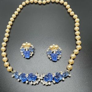 Crown Trifari Blue Fruit Salad Pearl Necklace Earring set